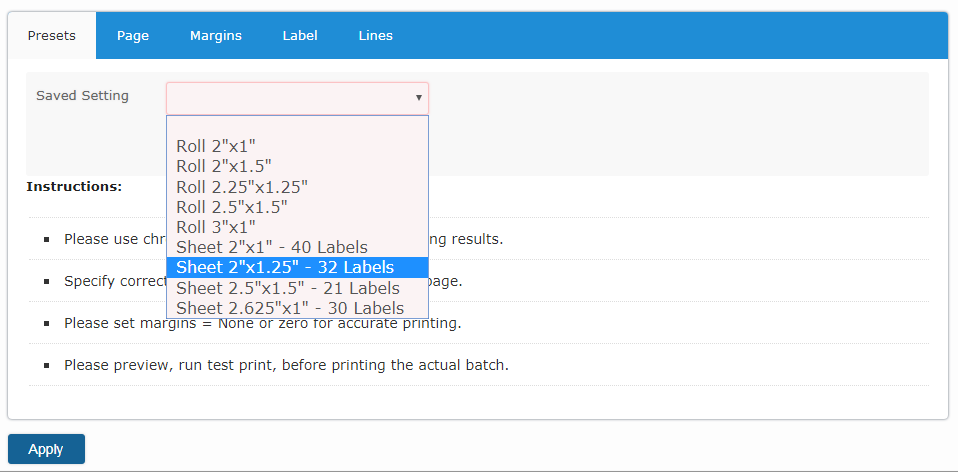 Barcode Labels page presets