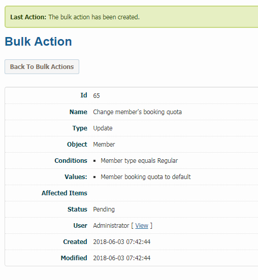 Bulk Actions member booking quota created