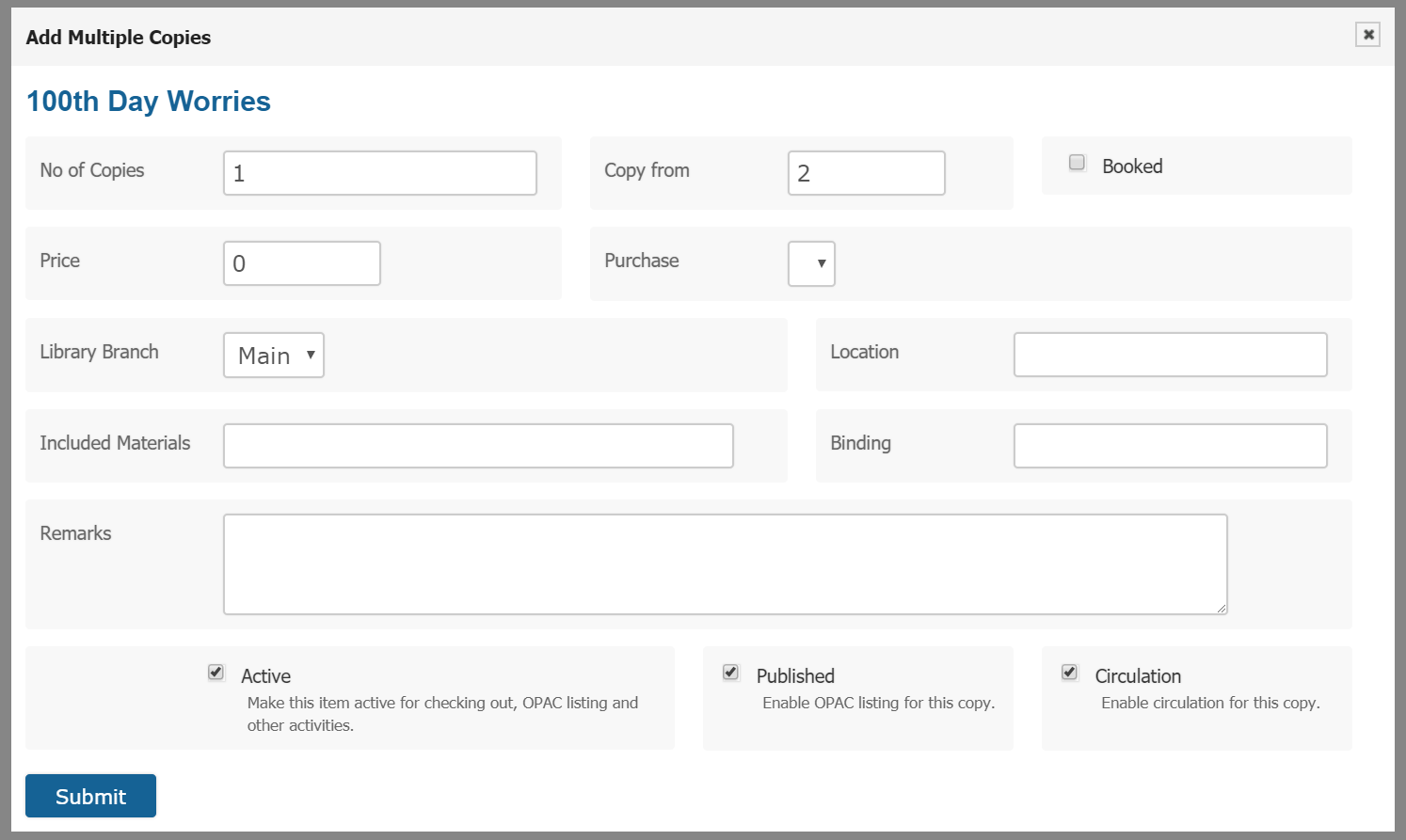 Catalog item copies section