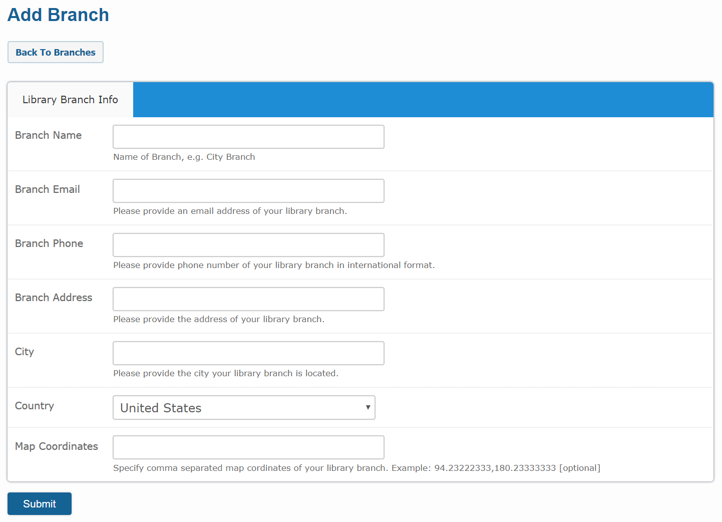 Library add branch page