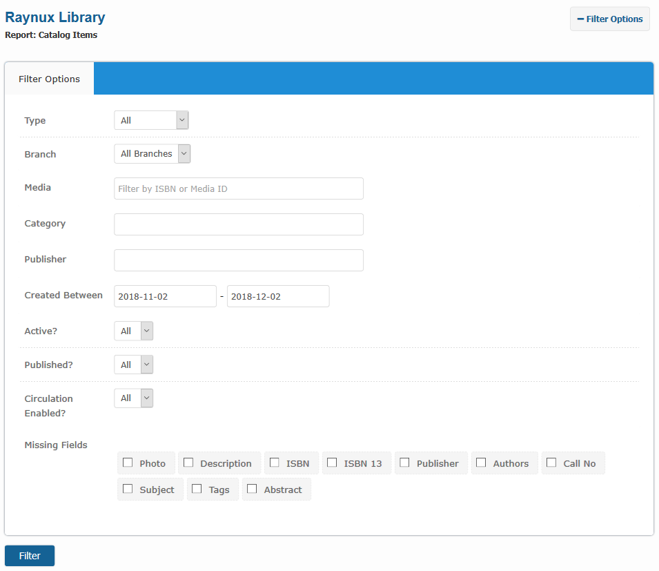 Catalog Reports catalog items filter option