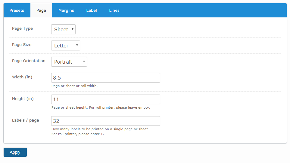 Barcode Labels page