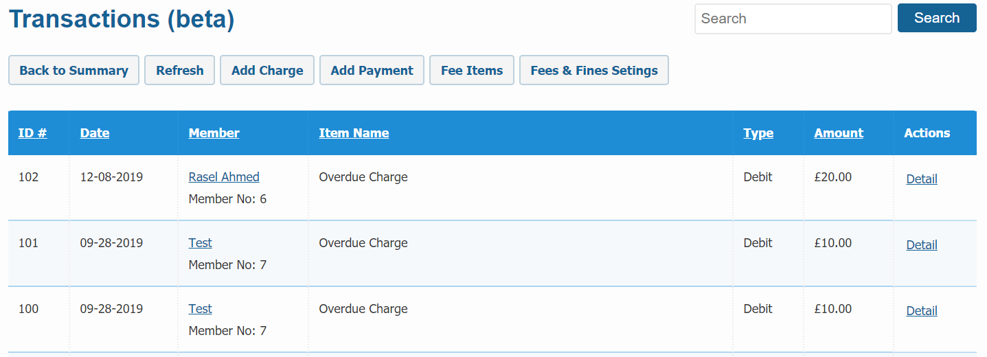Fees & Payments transactions module