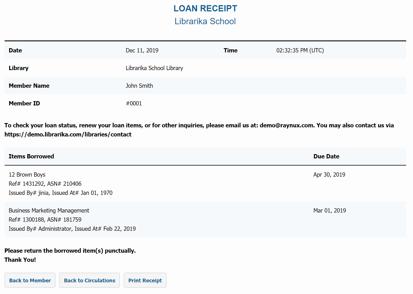 Members loan receipt