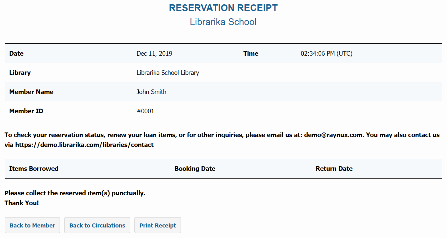 Members reservation receipt