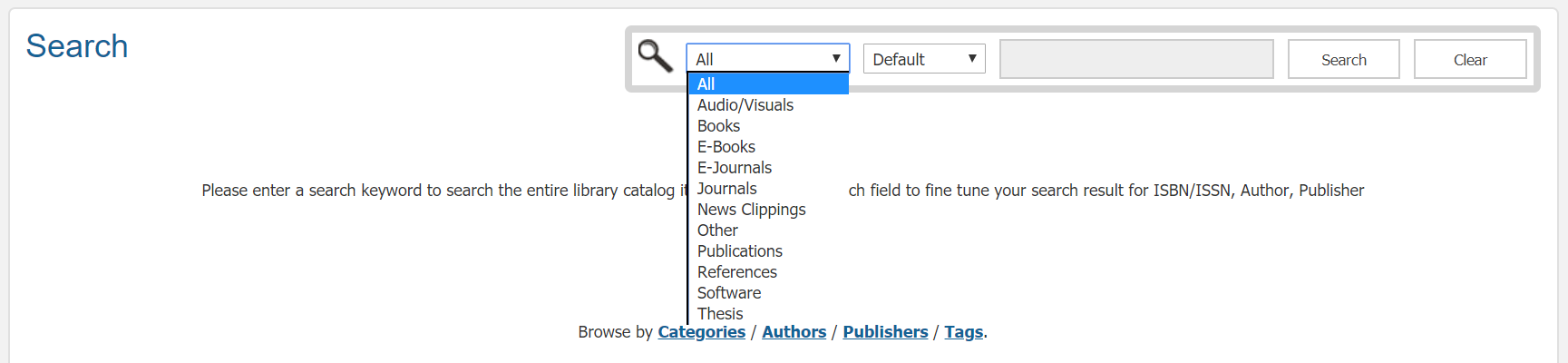 OPAC catalog search page